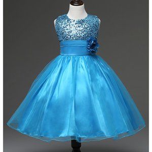 Blue Sequin Organza Flower Girl Dress